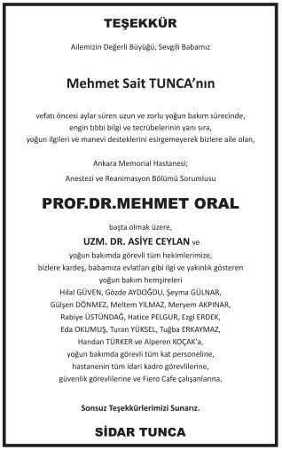 Mehmet Oral teşekkür ilanı